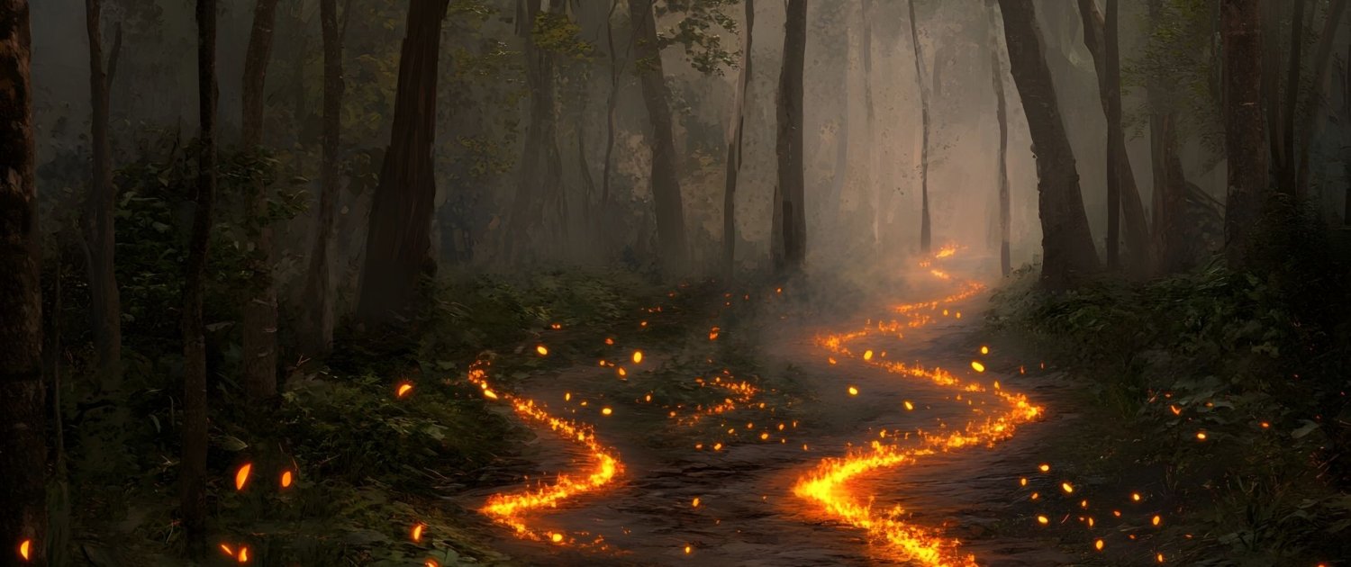 glowing, fiery path winding through a misty forest symbolizing courage, self-awareness, and transformation through facing avoidance.