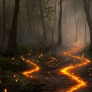 glowing, fiery path winding through a misty forest symbolizing courage, self-awareness, and transformation through facing avoidance.