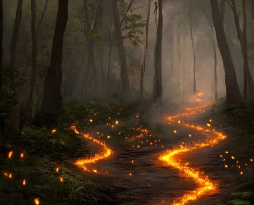 glowing, fiery path winding through a misty forest symbolizing courage, self-awareness, and transformation through facing avoidance.