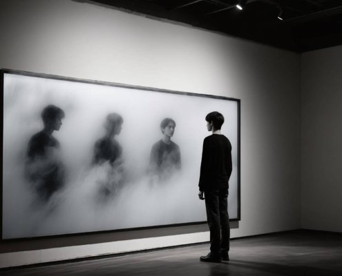 person looking at various versions of himself showing identity transformation