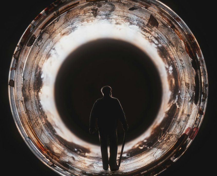 A person at a portal to a different era